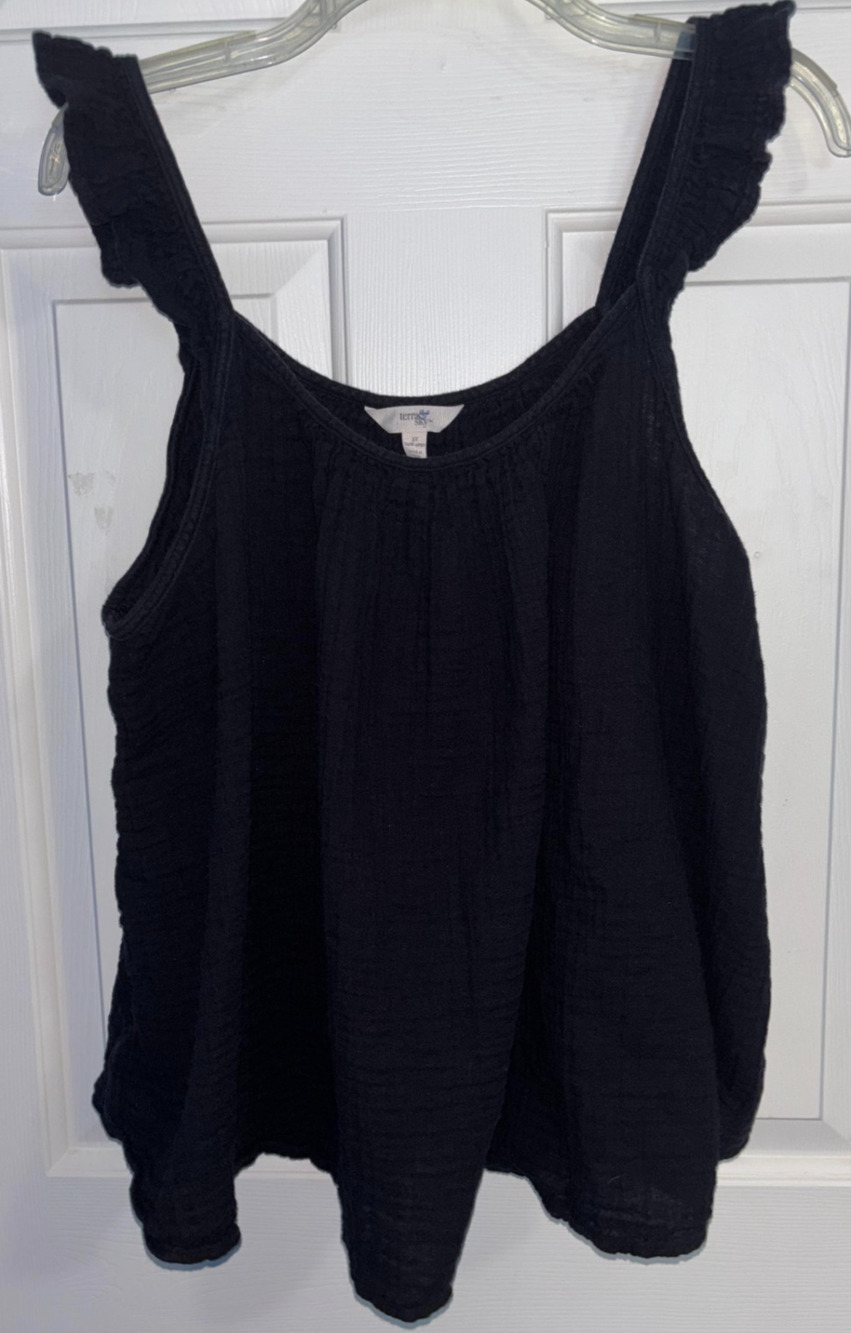 Terra & Sky Black Gauze Tank Top Women 3X Flutter Sleeve Ruffle Boho Blouse Plus